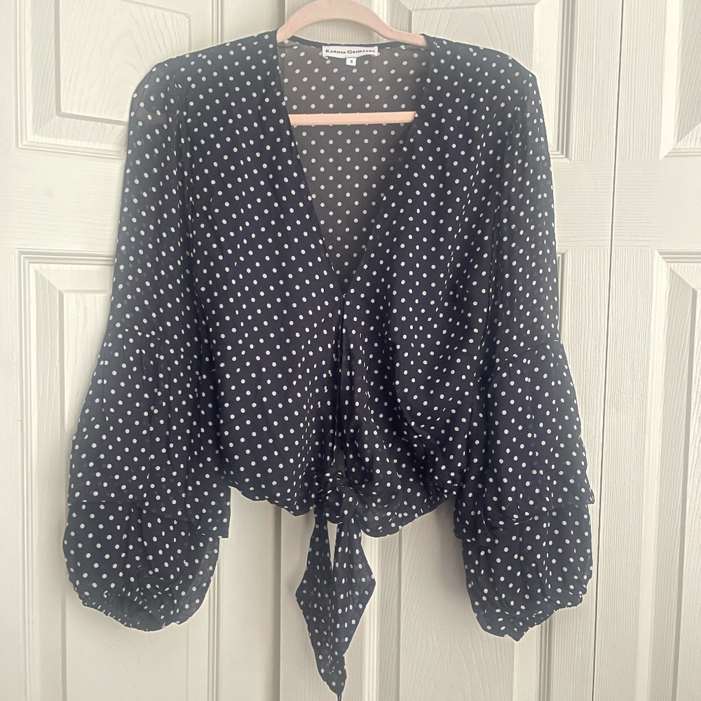 KARINA GRIMALDI women's  Black Long Sleeve Polka Dot tie front Top. CON H